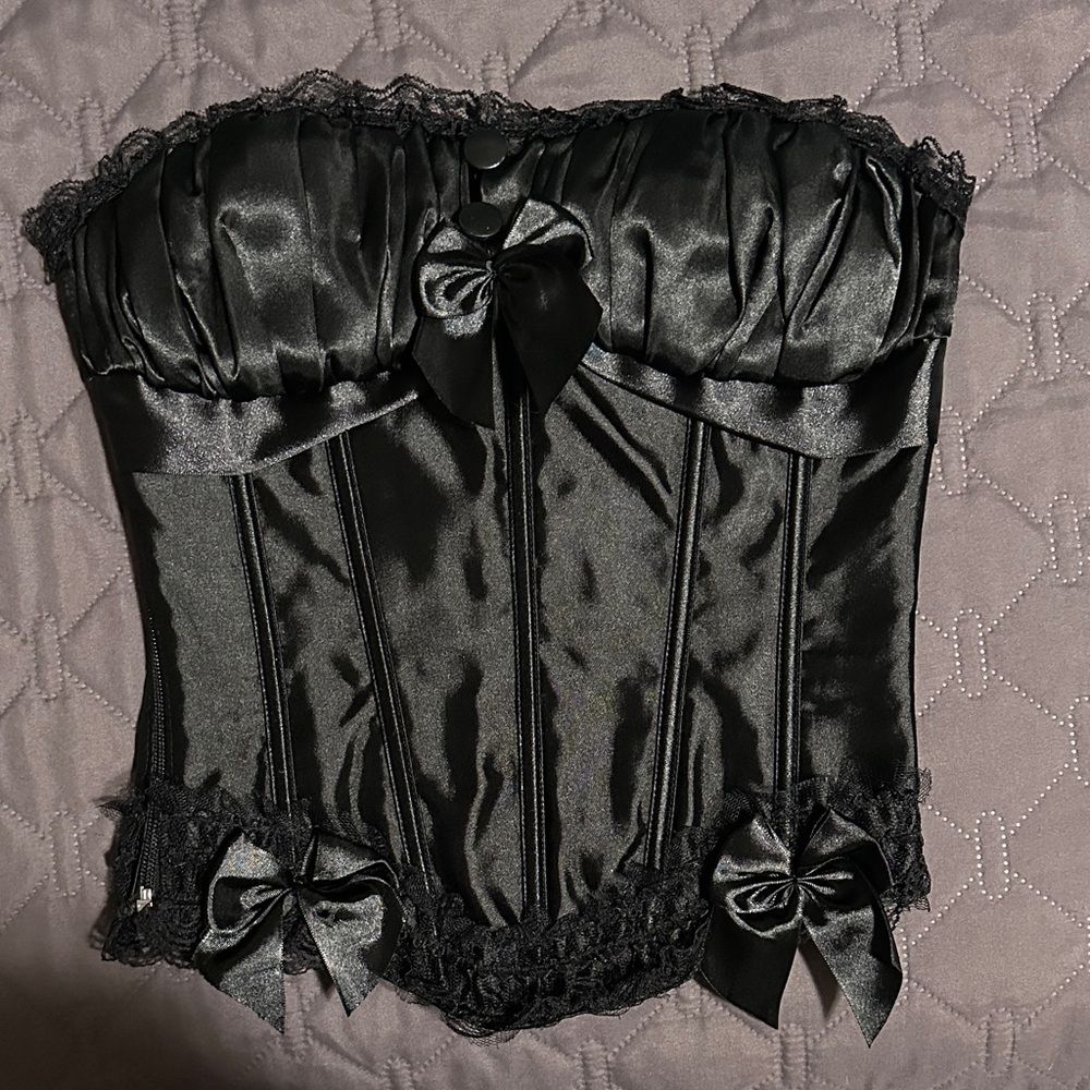 Sleek Black Satin Corset with Lace Trim